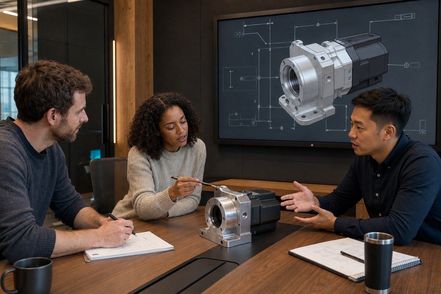 Zwei Fachberater besprechen mit einem Kunden einen Prototypen, dessen CAD-Modell mit Fertigungsinformationen auf einem Bildschirm dargestellt ist